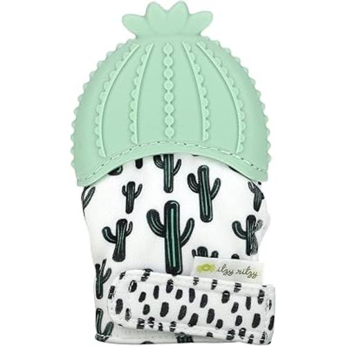 Itzy Ritzy Silicone Teething Mitt - Soothing Infant Teething Mitten with Adjustable Strap, Crinkle Sound & Textured Silicone to Soothe Sore & Swollen Gums - For Ages 3 Months & Up (Cactus)