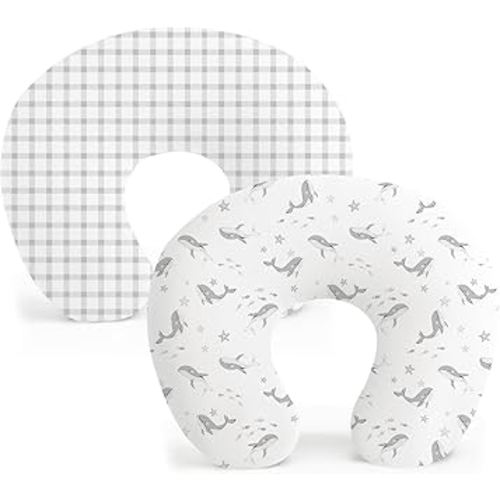 Konssy 2 Pack Nursing Pillow Covers, Stretchy and Soft Nursing Cover for Breastfeeding Pillows, Pillow Slipcover for Baby Girls Boys Newborn (Starry Whales,Cozy Grid)