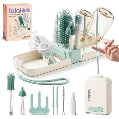 7-in-1 Baby Bottle Brush Set, BPA Free Silicone Baby Bottle Cleaning Kit with No Scratch Dual-Headed Brush, Nipple Brush,Soap Dispenser & Drying Rack,Travel Cleaner Set with Storage Case,Mint