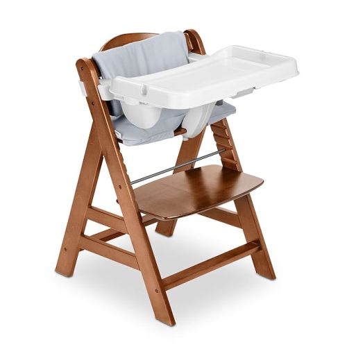 hauck AlphaPlus Grow Along Wooden High Chair Seat with White Removable Tray Table and Grey Deluxe Seat Cushion Pad for Babies 6 Months and Up, White - Walnut Chair White Tray