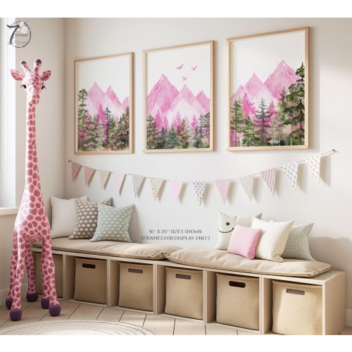 PINK Mountain Forest Wall Art Prints, Nursery Decor, Girls Woodland Adventure, Green Trees New Baby Gift Set of 3 UNFRAMED Prints or Canvas