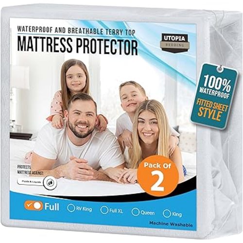 Utopia Bedding Waterproof Mattress Protector Full Size 2 Pack, Premium 200 GSM Terry Mattress Cover, Soft & Breathable Bed Cover, Fitted Sheet Style with Stretchable Deep Pockets 15" (White)