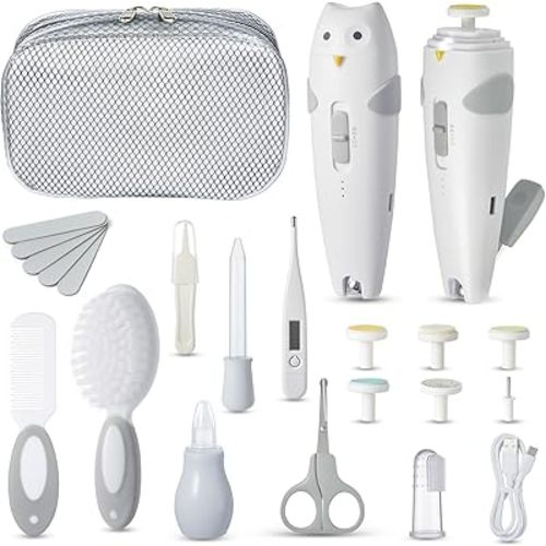 Lictin Baby Healthcare and Grooming Kit, 26 in 1 Rechargeable Nail Trimmer Electric Set,Safe File with Auto Light, Newborn Nursery Health Care Portable Safety Set for Infant Toddlers Boys Girls, Grey