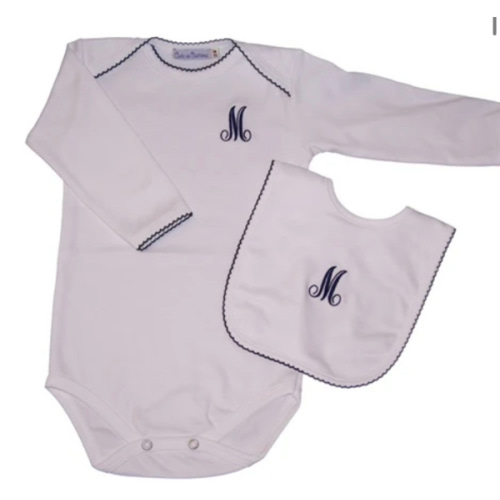 Personalized Long Sleeve Bodysuit with Navy Picot Trim (and Optional M