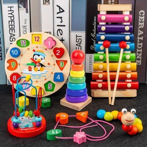 5-in-1Wooden Baby Intellectual Development Toys, Birthday gift, Early Learning Educational Montessori Toys for 3-years and plus Boys and Girls