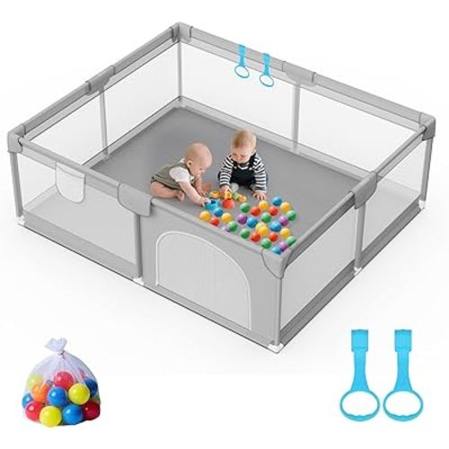 79” x 71” Playpen for Babies and Toddlers - Safe Baby Fence with 50 PCS Ocean Balls and 2 Pull Handles for Indoor - Large Baby Playpen for Activity Center - Play Yard with Non-Slip Suction Cups