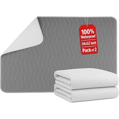 Epicessentials Incontinence Bed Pads Washable Waterproof - 34" x 52" Reusable Underpads Chucks Holds Up to 6 Cups - 500 GSM Heavy Absorbency Pee Pads for Adults, Dogs and Kids - 2 Pack - Grey/White