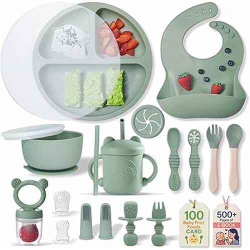 Remonda 23-Piece BPA-Free Silicone Baby Feeding Set | Extra Large Suction Plates, Toddler Bowls, Self Feeding Spoons, and More | Dishwasher Safe| Baby Led Weaning Supplies (Green) A1