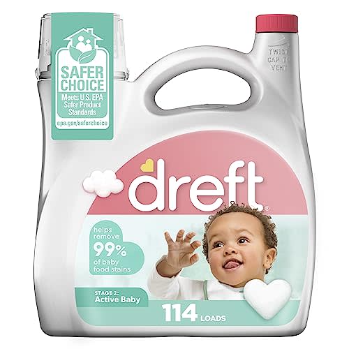 Dreft Stage 2 Active Baby Liquid Laundry Detergent, Hypoallergenic, Helps Remove 99% of Baby Food Stains, 114 Loads, Baby Laundry Detergent, Newborn Essentials