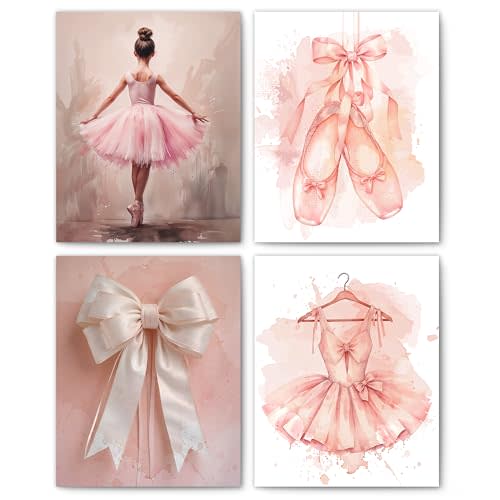 FITIE Pink Ballerina Nursery Wall Art Posters Set of 4, Little Girls Room Dorm Nursery Decor, Preppy Girly Coquette Bow Ballet Dancer Canvas Prints Artwork Wall Decor, 8x10 Unframed