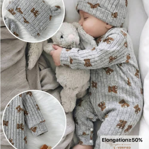 SHEIN Baby Unisex Ribbed Fabric Bear Print Long Sleeve Romper And 3D Bear Ear Hat 2-Piece Set, Infant/Toddler Autumn/Winter Outfit, Suitable For Casual, Outdoor, Vacation And Other Occasions, Unisex Versatile Design
