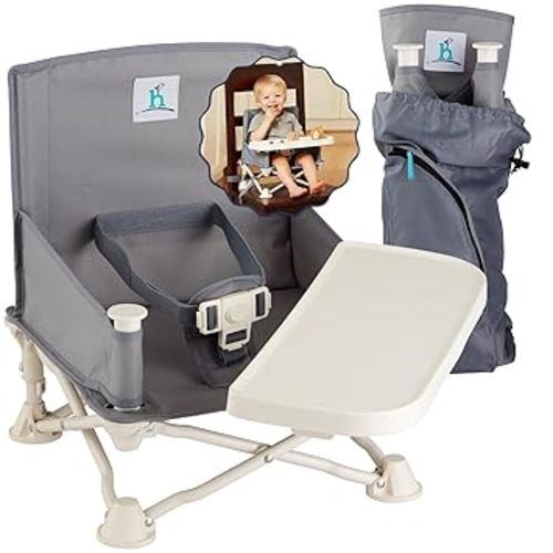OmniBoost Travel Booster Seat with Tray for Baby, Dining Table, Camping, Beach, Grandma’s | Folding Portable Tip-Free Design Straps to Kitchen Chairs