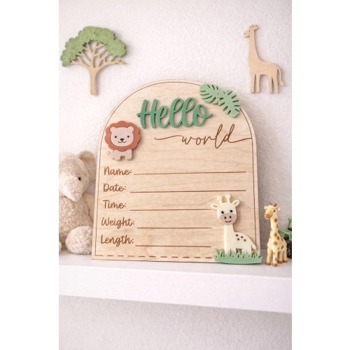 Safari Hello World Plaque | Birth Stats Plaque | Baby Plaque | Baby Announcement | Keepsake | Newborn | Jungle | Lion | Giraffe