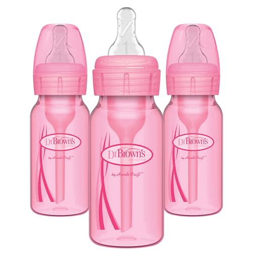 Dr. Brown's Anti-Colic Options+ Baby Bottles, 4 oz/120 mL, with Level 1 Slow Flow Nipple, Pink, 3 Pack, 0m+