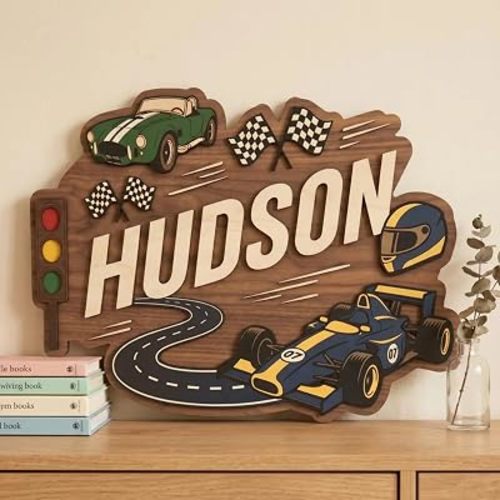 Personalized Race Car Name Sign for Boys, Custom Wooden Racing Car Wall Decor with Formula Race Car, Helmet & Checkered Flags, Kids Bedroom Nursery Decoration, Birthday Gift, 11.81 x 9.84 in