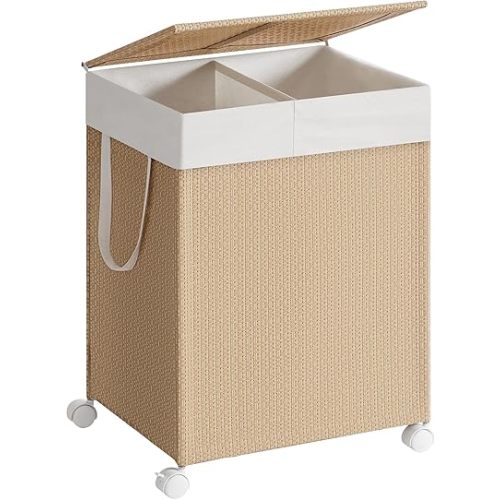 SONGMICS HOME Laundry Hamper with 2 Section, 100 L Large Rolling Laundry Basket with Wheels, Rattan Clothes Hamper with Lid, Removable Liner with Handles, Natural Beige and Matte White ULCB601N01