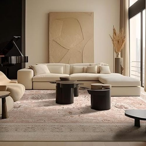 Phantoscope Vintage Collection Area Rug 9'x12' - Washable Boho Rugs Non-Slip for Bedroom, Dining Room, Living Room, Large Low-Pile Floor Carpet Distressed Accent Decor, Soft Pink/Beige