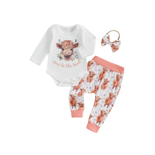 Newborn Baby Girls Fall Clothes Western Cow Print Long Sleeve Rompers Long Pants Hat 3Pcs Outfits