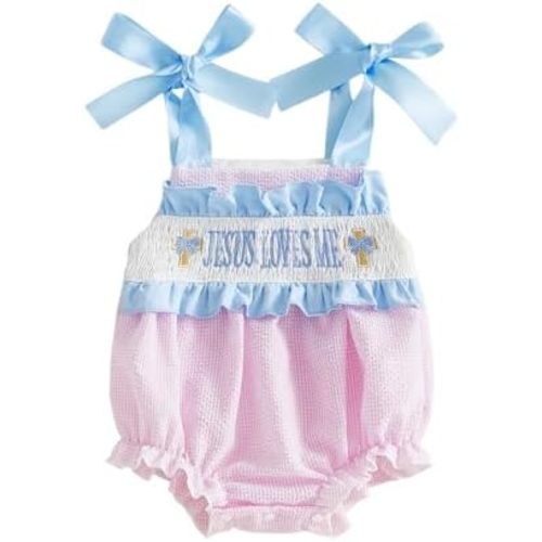 Baby Girl Easter Outfit Sleeveless Slip Ruffle Smocked Bubble Romper Infant Jesus Loves Me Onesie Summer Clothes