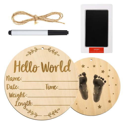 MUNDIDO Baby Birth Announcement Sign with Marker Pen, Boho Sun Baby Name Sign with Ink Pad for Hand and Footprints, Wooden Hello World Newborn Announcement Nursery Decor Keepsake Gifts