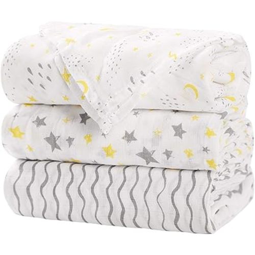 Little Grape Land Muslin Swaddle Blankets, 100% Cotton Large Size Baby Receiveing Blankets, Soft Breathable Baby Blankets for Newborns, Yellow, 47''x47'', 3 Pack, Yellow