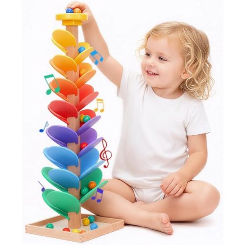 Wooden Rainbow Marble Run Tree, 30pcs Vertical Marble Run Construction Game,Creative Color Sorting Ball Drop Musical Toy,Montessori Learning Stem Gift for Kids Age 3,4,5,6,7,8+