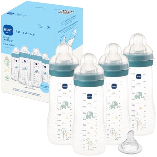 MAM 11oz Active Natural Flow Active Anti-Colic Baby Bottle, 4+ Mths, 4 Pack | BPA Free, Fast Flow Skin Soft Anti-Colic Silicone Nipple, Anti-Slip Grip, Leak-Proof, Made In Europe, Blue Teal