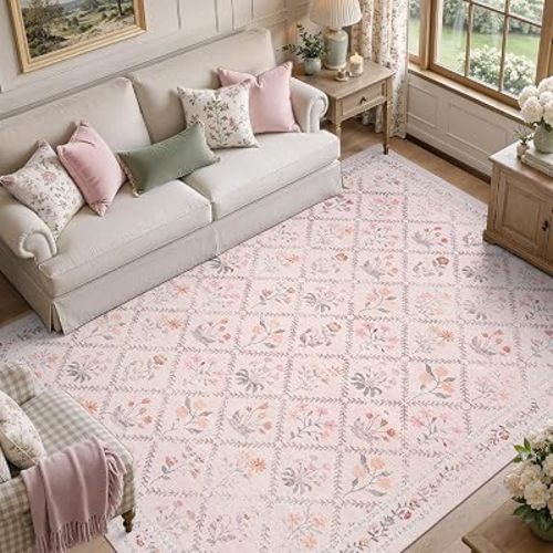 DCX Washable 5x7 Pink Floral Rug for Girls Bedroom