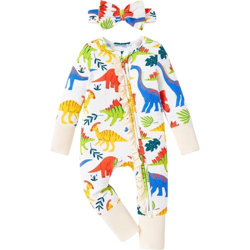 PATPAT Baby Girl Boy Footie Clothes, Soft Viscose from Bamboo, 2-Way Ruffled Zipper, Fold-Over Mittens & Cuffs with Headband