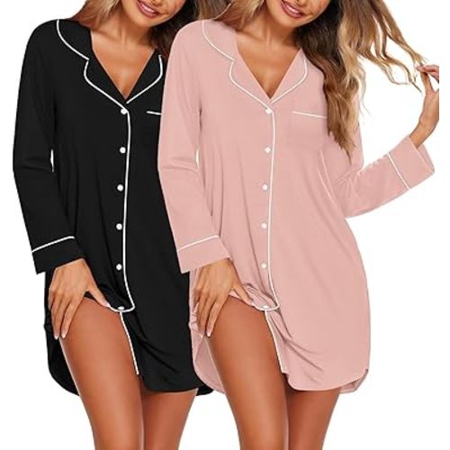 Ekouaer 2 Pack Nightgowns for Women Long Sleeve Night Shirt Button Down Sleep Shirt V-Neck Sleep Dress Pajama Sleepwear