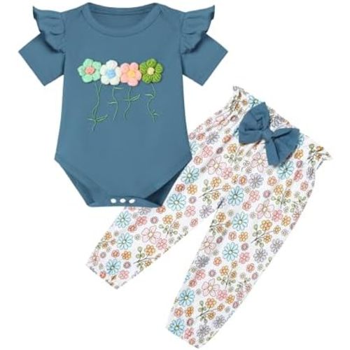 Baby Girls Clothes Newborn Bodysuits Short Sleeve Ruffle Romper and Floral Pants Set Infant Outfits 0-24 Months