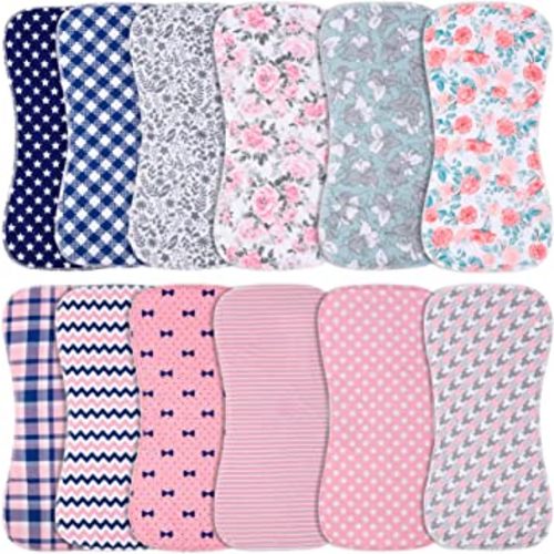Baby Burp Cloths & Baby Bibs 2-in-1 Design Large Size 3 Layers Thicken 100% Cotton Super Absorbent and Soft Baby Spit Up Burping Rags Baby Burp Cloth Set for Girls 12 Pack