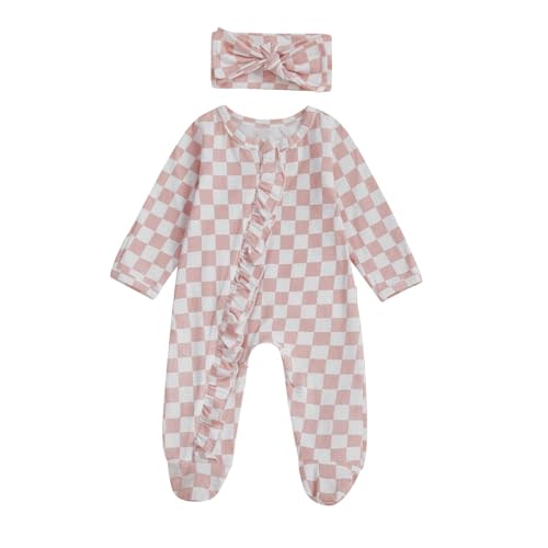 Karuedoo Newborn Baby Girl Clothes Checkered Ruffle Long Sleeve Zipper Footie Romper One-Piece Footed Jumpsuit Sleeper