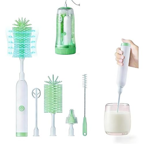 Portable Electric Silicone Bottle Brush Set, 7-in-1 UV Light USB Charging, Nipple/Straw Cleaner, Milk Mixer, Built-in Drying Rack & Storage Case, BPA-Free, IPX7, On-the-Go for New Parents (Mint)