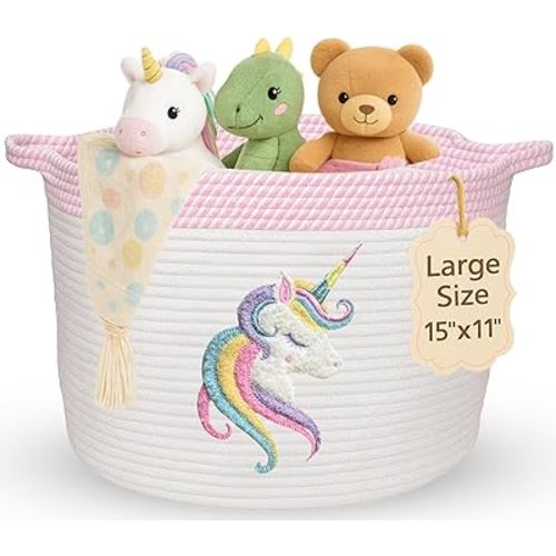 Unicorn Storage Basket for Nursery – Large 15”x11” Cotton Rope Bin with Soft Felt Animal Patch – Toy Organizer, Baby Laundry Hamper, Diaper & Towel Holder – Foldable, Washable & Baby-Safe
