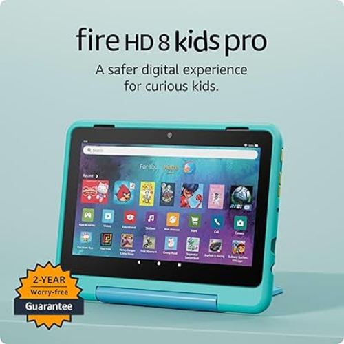 Amazon Fire HD 8 Kids Pro tablet (newest model), ages 6-12. Bright 8" HD screen, includes ad-free content, parental controls, 13-hr battery, slim case for older kids, 32GB, Hello Teal