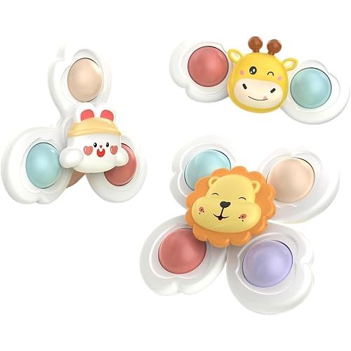3-Pack Suction Spinners for Babies, Car Seat Toys - Sensory Fidget Spinners with Rabbit, Deer & Lions Designs for Bath, Travel & Play