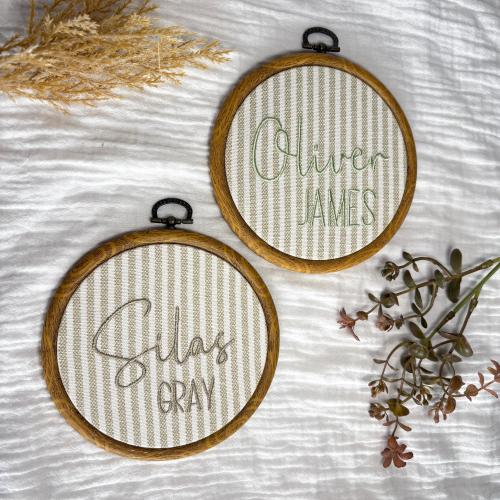 Personalized Embroidered Baby Name Sign, Ticking Fabric Nursery Decor, Neutral Nursery Wall Art