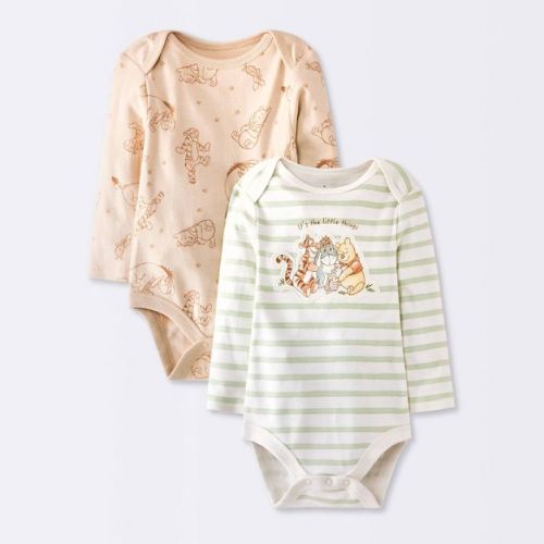 Baby Winnie The Pooh 2pk Long Sleeve Bodysuits - Cloud Island™ green/tan 12M