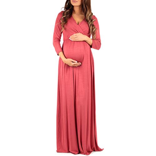 Mother Bee Maternity V-Neck 3/4 Sleeve Ruched Waist Dress