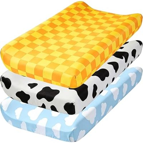 3 Pack Baby Changing Pad Cover for Boys Girls Blue Sky and White Cloud Cow Print Nursery Diaper Change Table Sheets Fitted 32''x16'' Changing Table Pad Bassinet Mattress