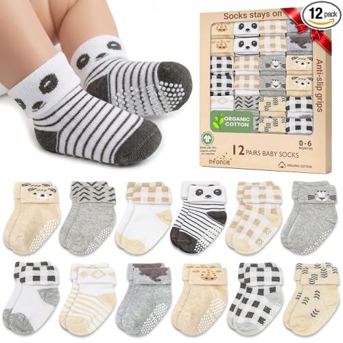 GOTS Organic Cotton Blend 12 Baby Socks with Grips 0-6 M Girl Non Slip Gift | Oeko-Tex Certified, Baby Socks, 12 Pairs, Baby Boy Socks, Infant Socks, Brown, For Baby Boys, 0-6 Months, No more digging