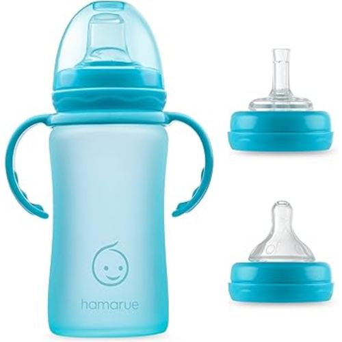 3-in-1 Glass Sippy Cups for Toddlers | Silicone Coated Glass Baby Bottles | Non-Toxic Transition Cup for Baby with Removeable Handles | Baby Straw Cup NB+,3M,6M,12M (Teal, 8 oz)