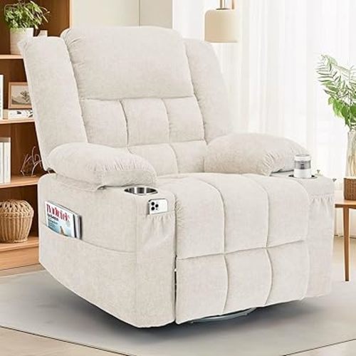 Korser 360° Swivel Rocker Recliner for Adults, Nursery Glider Recliner with Massage and Heating, Rocking Chair with Cup Holder, Manual Recliner Chair for Living Room, Bedroom (Fabric, Beige)
