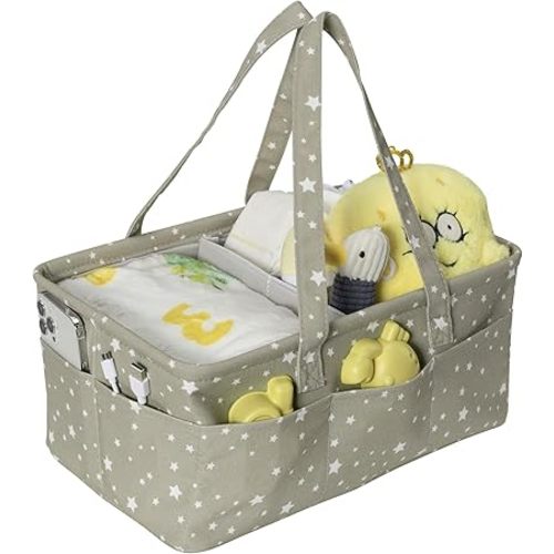 Navaris Nappy Caddy Organiser in Grey with Star Pattern - Baby Changing Basket with 10 Side Pockets & Removable Divider - Diaper Storage Bag - Newborn Essentials