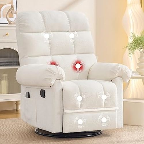 Korser 360° Swivel Rocker Recliner Chair, Rocking Chair Nursery with Massage and Heat, Small Recliners for Small Space, Manual Reclining Chair with Cozy Chenille Fabric, Side Pockets for Living Room