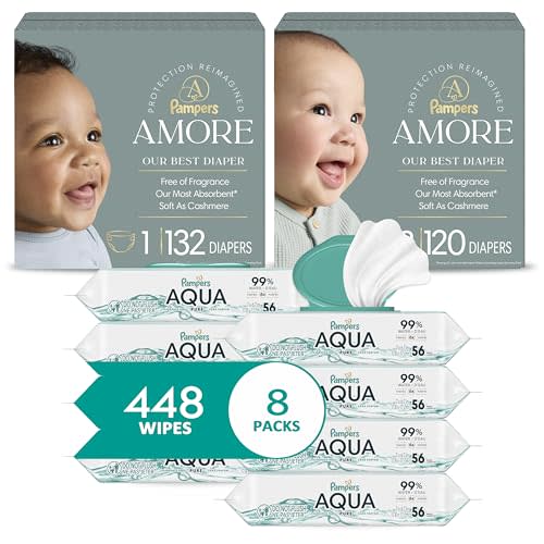 Pampers Amore Premium Baby Diapers Starter Kit, Sizes 1 (132 Count) & 2 (120 Count) with Aqua Pure Baby Wipes, 8X Pop-Top Packs (448 Count)