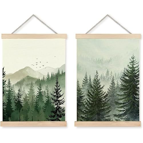 bitCNY Forest Wall Art Set of 2, 12x16 Inches – Green Pine Tree Mountain Landscape Prints, Nature Canvas Posters for Living Room Bedroom Decor