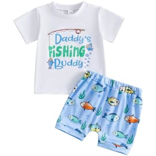2Pcs Toddler Baby Boy Clothes Daddy's Fishing Buddy Short Sleeve T-Shirt Tops Shorts Pants Set Summer Outfits