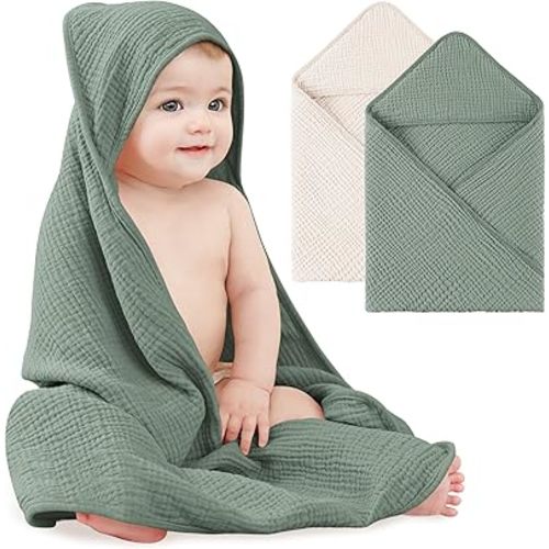 Bearmoss Muslin Baby Bath Towels 100% Cotton Baby Hooded Bathing Towels for Newborn Unisex Baby Boys Girls Infants Toddlers & Kids - 30x30in 2Pack(Green)